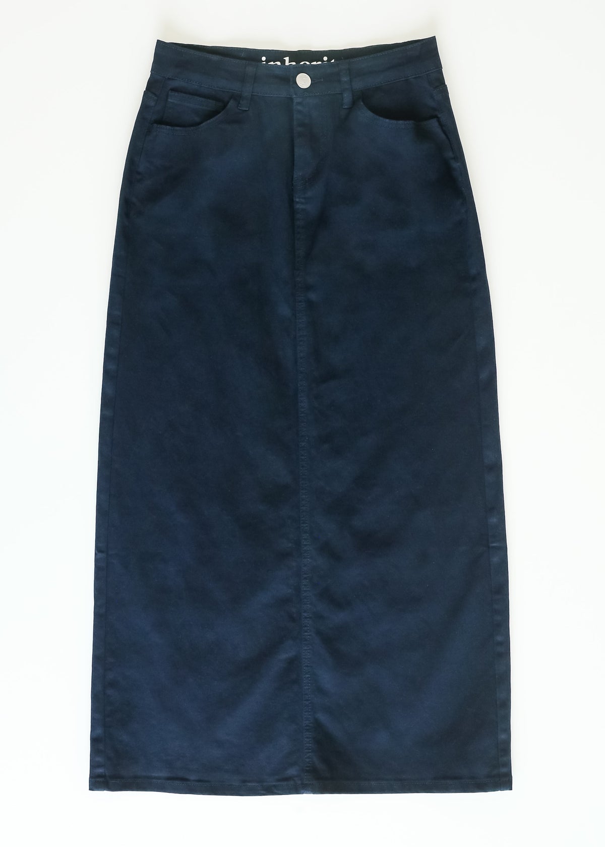 Navy maxi denim skirt from IC Skirts by Inherit Co., featuring a flowing length and classic denim texture.