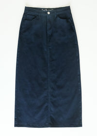 Navy maxi denim skirt from IC Skirts by Inherit Co., featuring a flowing length and classic denim texture.