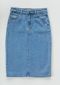 Inherit Co. Remi Denim Classic Wash Midi Skirt from IC Skirts collection, featuring a stylish denim midi length with a classic wash.