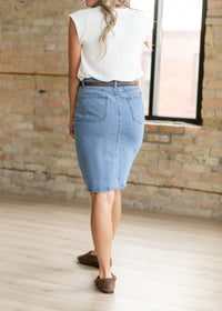 Inherit Co. Remi Denim Classic Wash Midi Skirt, blue denim with a midi length, stylish and versatile for everyday wear.