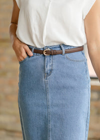 Inherit Co. Remi Denim Classic Wash Midi Skirt from IC Skirts collection, showcasing a stylish mid-length denim skirt with a classic wash.