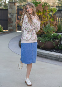 Inherit Co. Remi Denim Classic Wash Midi Skirt with a high waist and straight silhouette, displayed on a model.