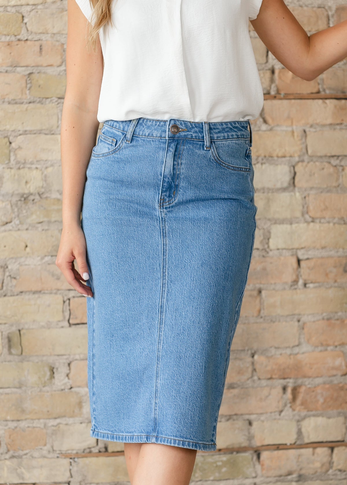 Inherit Co. Remi Denim Classic Wash Midi Skirt from IC Skirts collection, showcasing a stylish denim midi skirt with a classic wash.