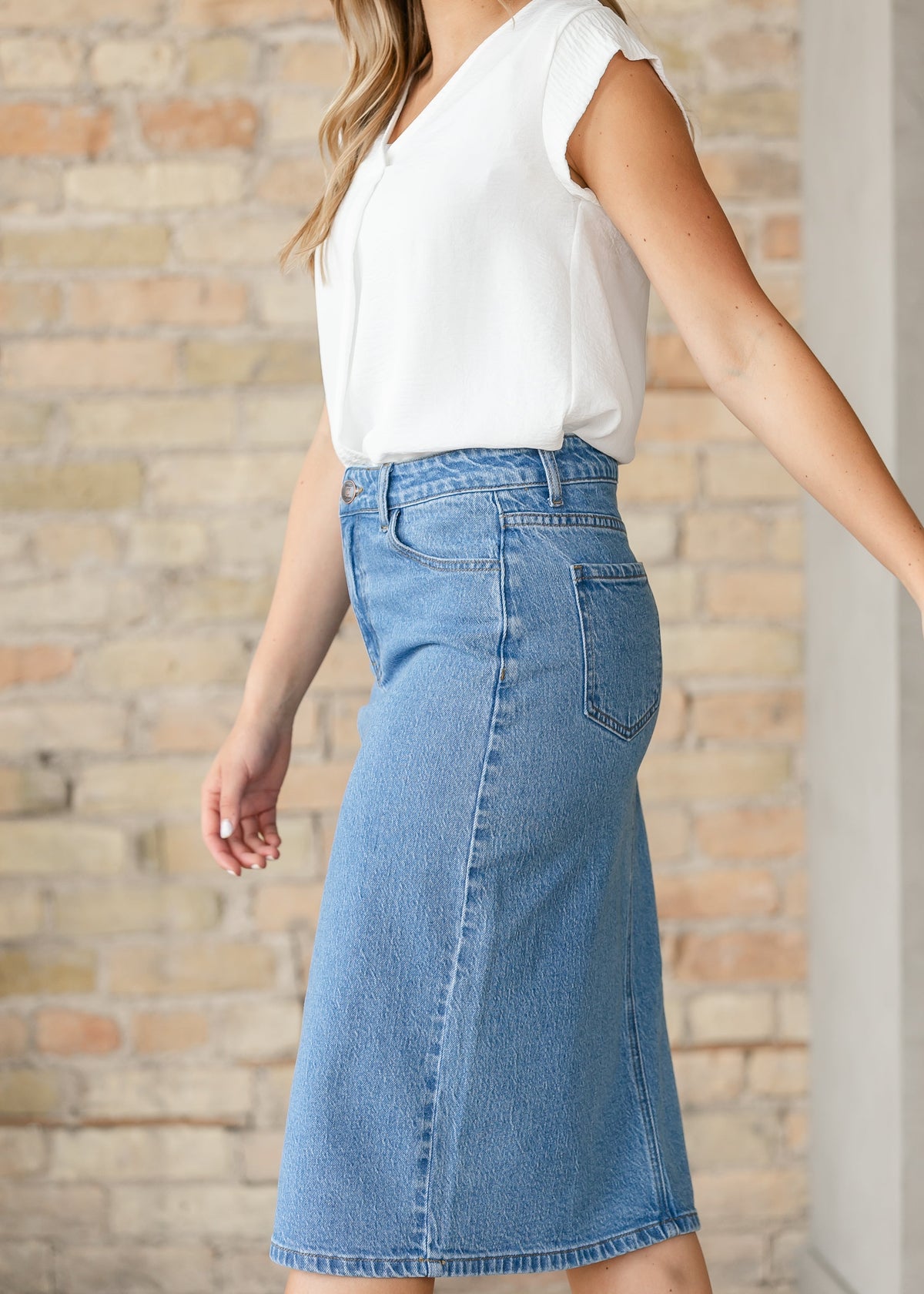 Inherit Co. Remi Denim Classic Wash Midi Skirt from IC Skirts collection, showing the knee-length denim skirt with a classic wash.