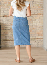 Inherit Co. Remi Denim Classic Wash Midi Skirt, blue denim with a mid-length design and classic wash finish.