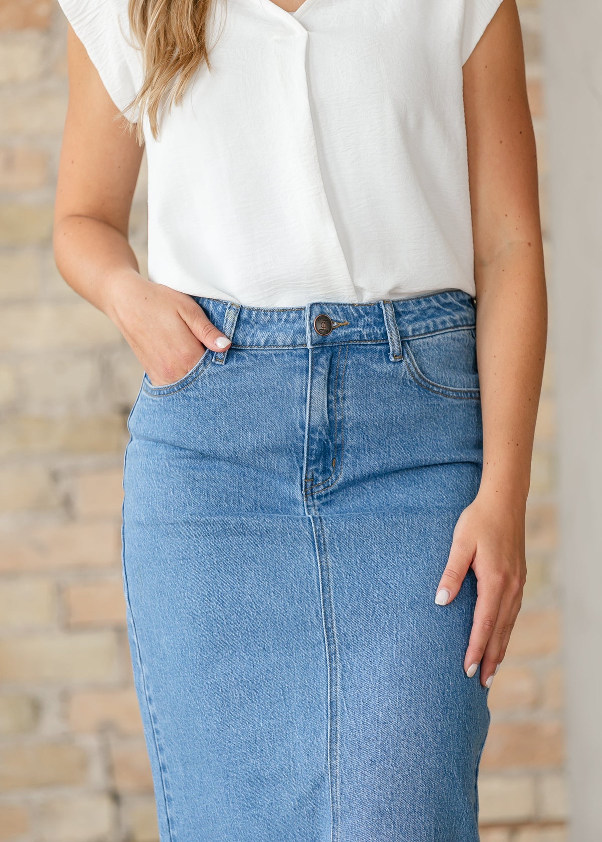 Inherit Co. Remi Denim Classic Wash Midi Skirt from IC Skirts collection, showing a stylish mid-length denim skirt with a classic wash.