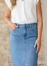 Inherit Co. Remi Denim Classic Wash Midi Skirt from IC Skirts collection, showing a stylish mid-length denim skirt with a classic wash.
