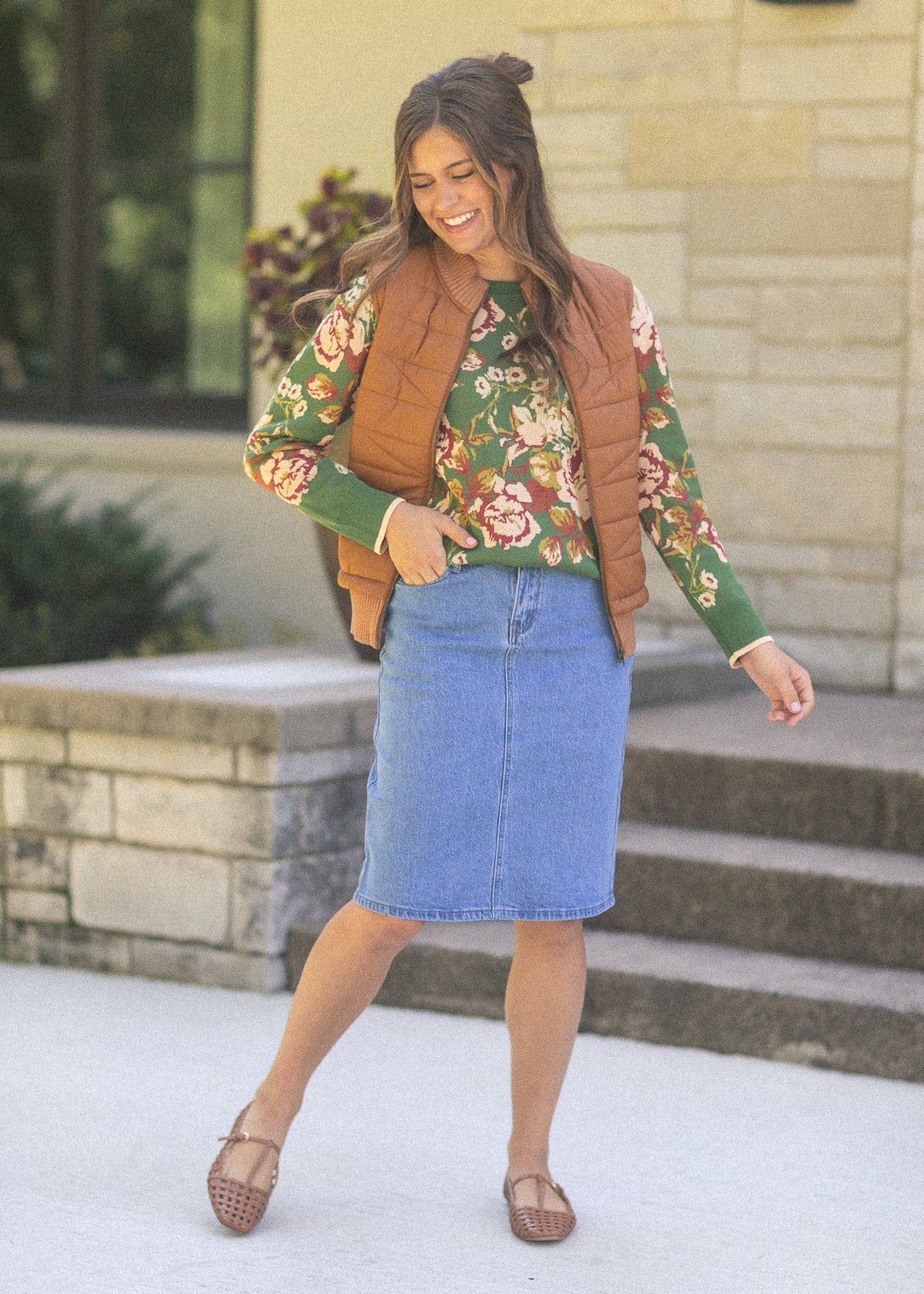 Inherit Co. Remi Denim Classic Wash Midi Skirt, knee-length with a fitted waistband and classic denim texture.