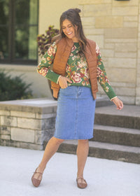 Inherit Co. Remi Denim Classic Wash Midi Skirt, knee-length with a fitted waistband and classic denim texture.