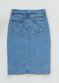 Inherit Co. Remi Denim Classic Wash Midi Skirt with a high waist and A-line silhouette, shown on a neutral background.