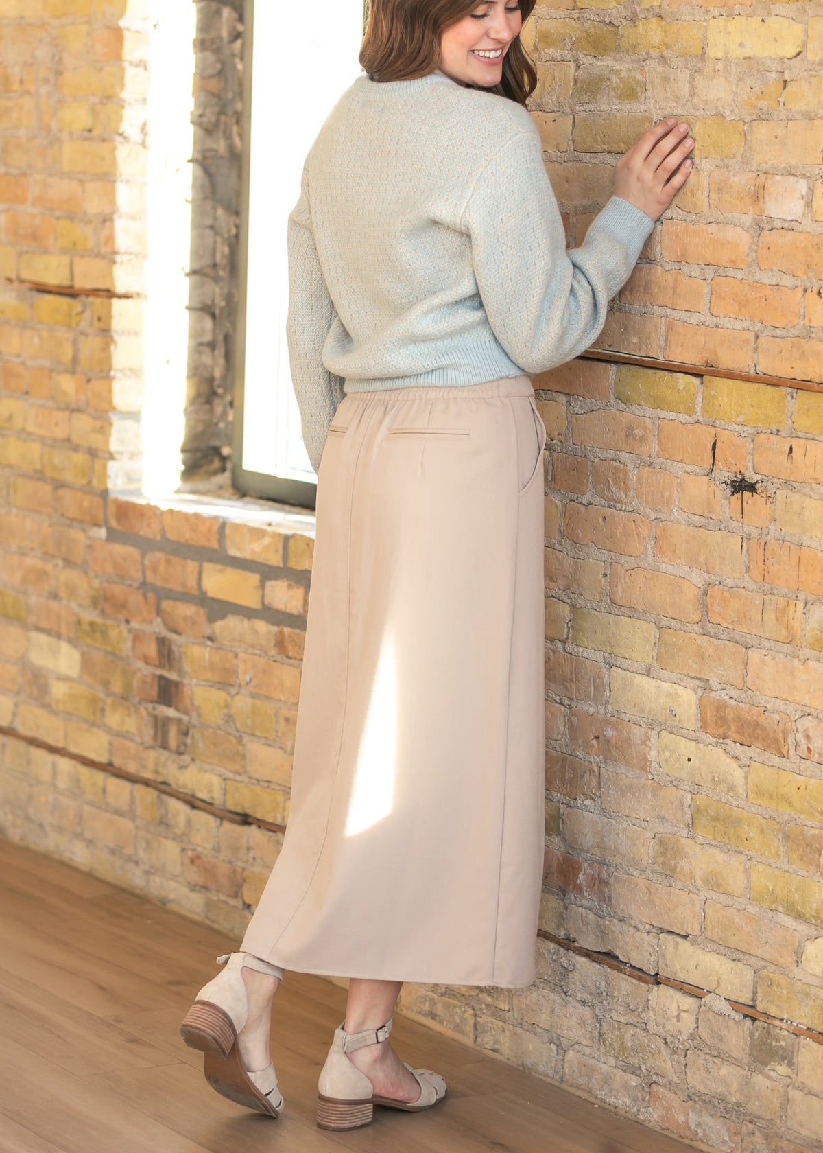 Inherit Co. Dylan Midi Trouser Skirt, light-colored, high-waisted skirt with tailored fit, displayed on a white background.