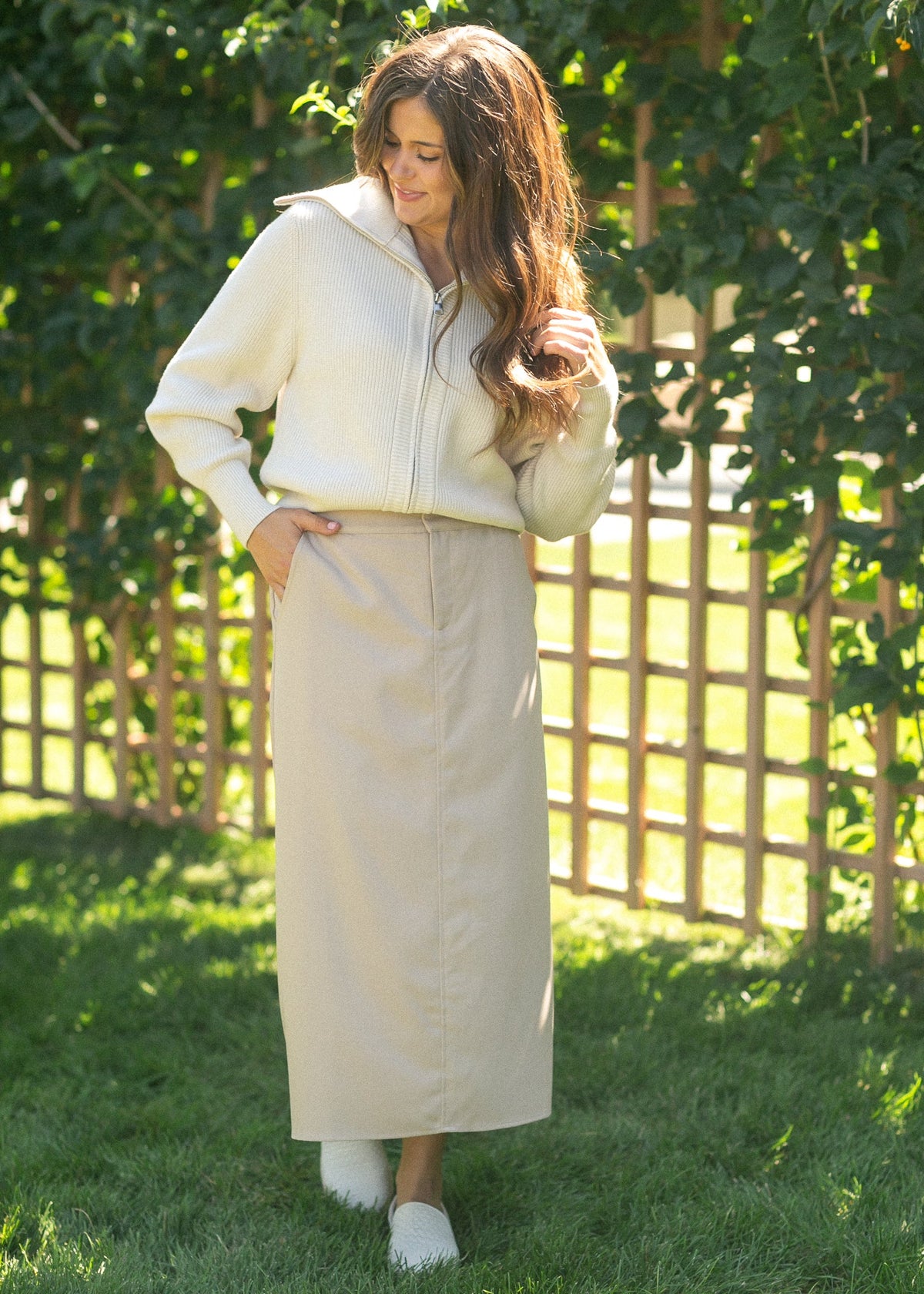 Inherit Co. Dylan Midi Trouser Skirt in XS, featuring a tailored design with a sleek silhouette and classic midi length.