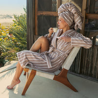 Dusk white Italic Ultraplush Australian Cotton bathrobe hanging, soft fabric, cozy and comfortable for lounging.