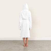 Dusk white Italic Ultraplush Australian Cotton Bathrobe hanging on a hook, soft and cozy fabric, small size.