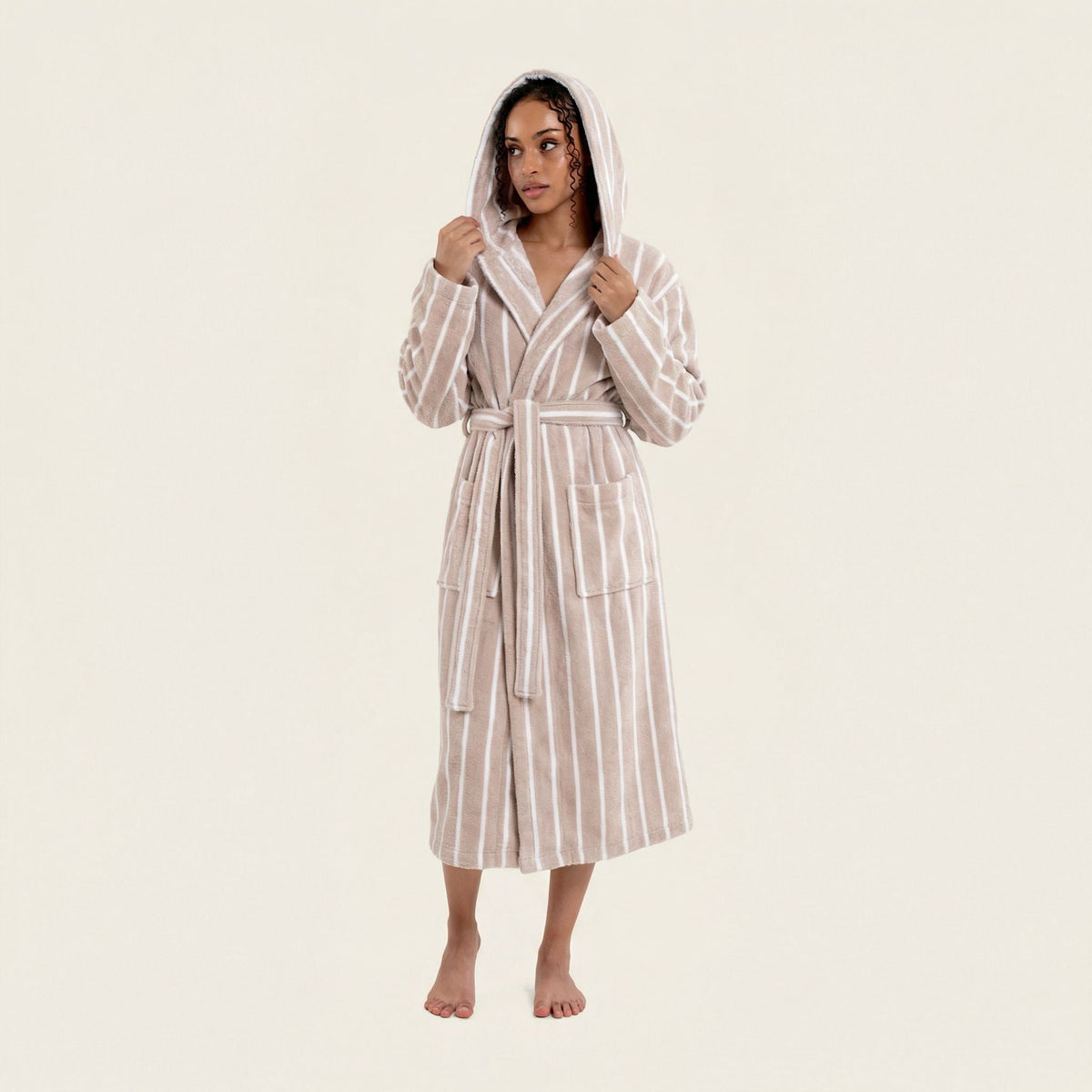 Dusk white Italic Ultraplush Australian Cotton bathrobe hanging with a soft, plush texture and belt at the waist.