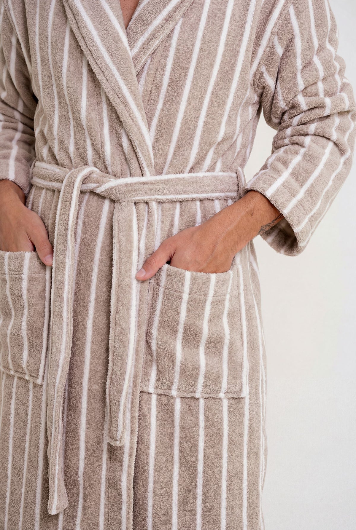 Dusk white Italic Ultraplush Australian Cotton Bathrobe hanging open, showcasing soft, plush fabric and relaxed fit.