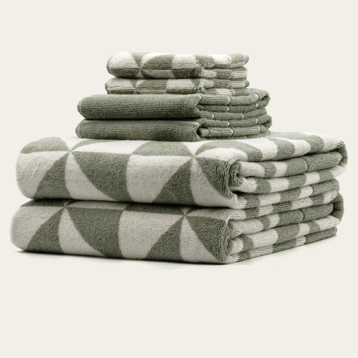Set of two Italic Umbra bath towels in sage and ecru, soft cotton home bath accessories for comfortable drying.