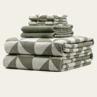 Set of two Italic Umbra bath towels in sage and ecru, soft cotton home bath accessories for comfortable drying.