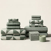 Set of two Italic Umbra bath washcloths in sage and ecru, soft cotton towels for home bathroom use.