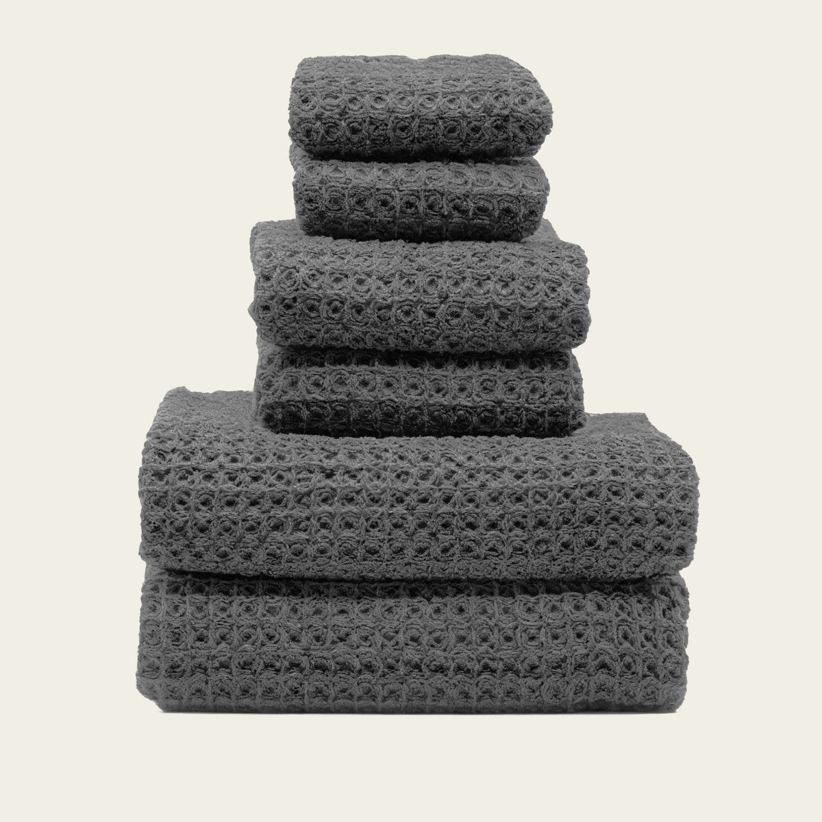 Set of two white Sedona waffle bath towels by Italic, soft and textured for home bathroom use
