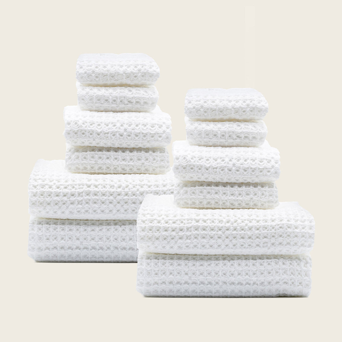 Set of two white Sedona waffle towels for bath, soft home bath linens by Italic, textured waffle weave fabric.