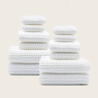 Set of two white Sedona waffle towels for bath, soft home bath linens by Italic, textured waffle weave fabric.