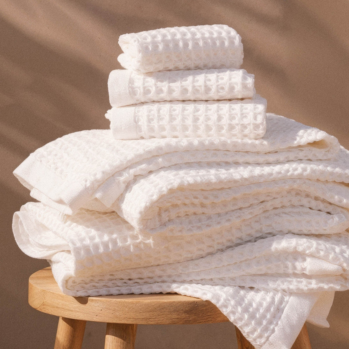 Set of two white Sedona waffle bath towels by Italic, showing soft, textured fabric for home bath use.