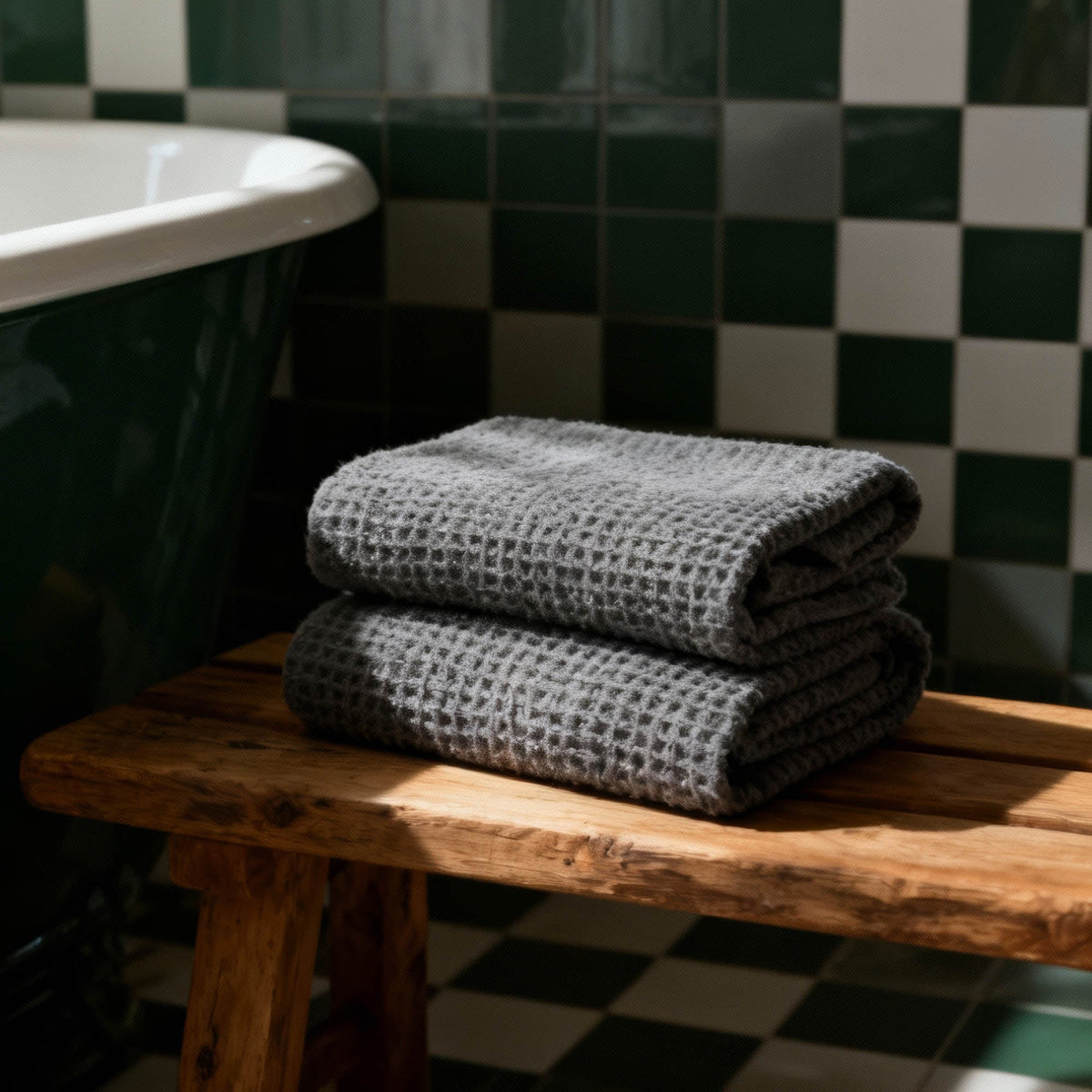 Set of two white Sedona waffle bath towels by Italic, showing soft, textured fabric and plush edges for home bath use.