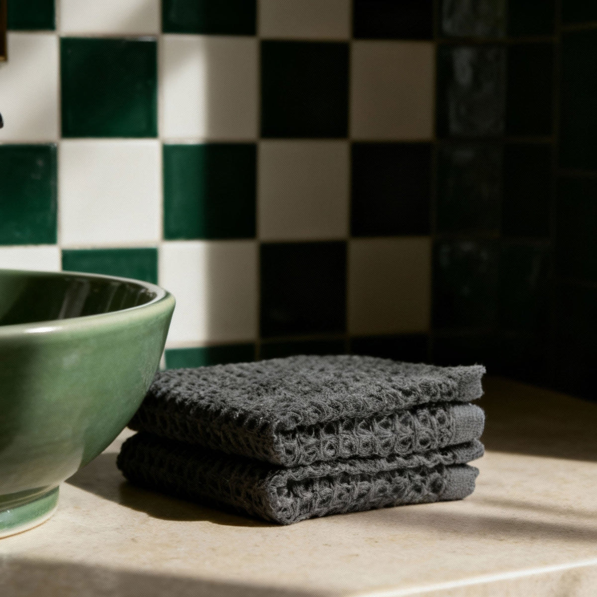 Set of two white Sedona waffle bath towels from Italic, soft and absorbent home bath essentials.