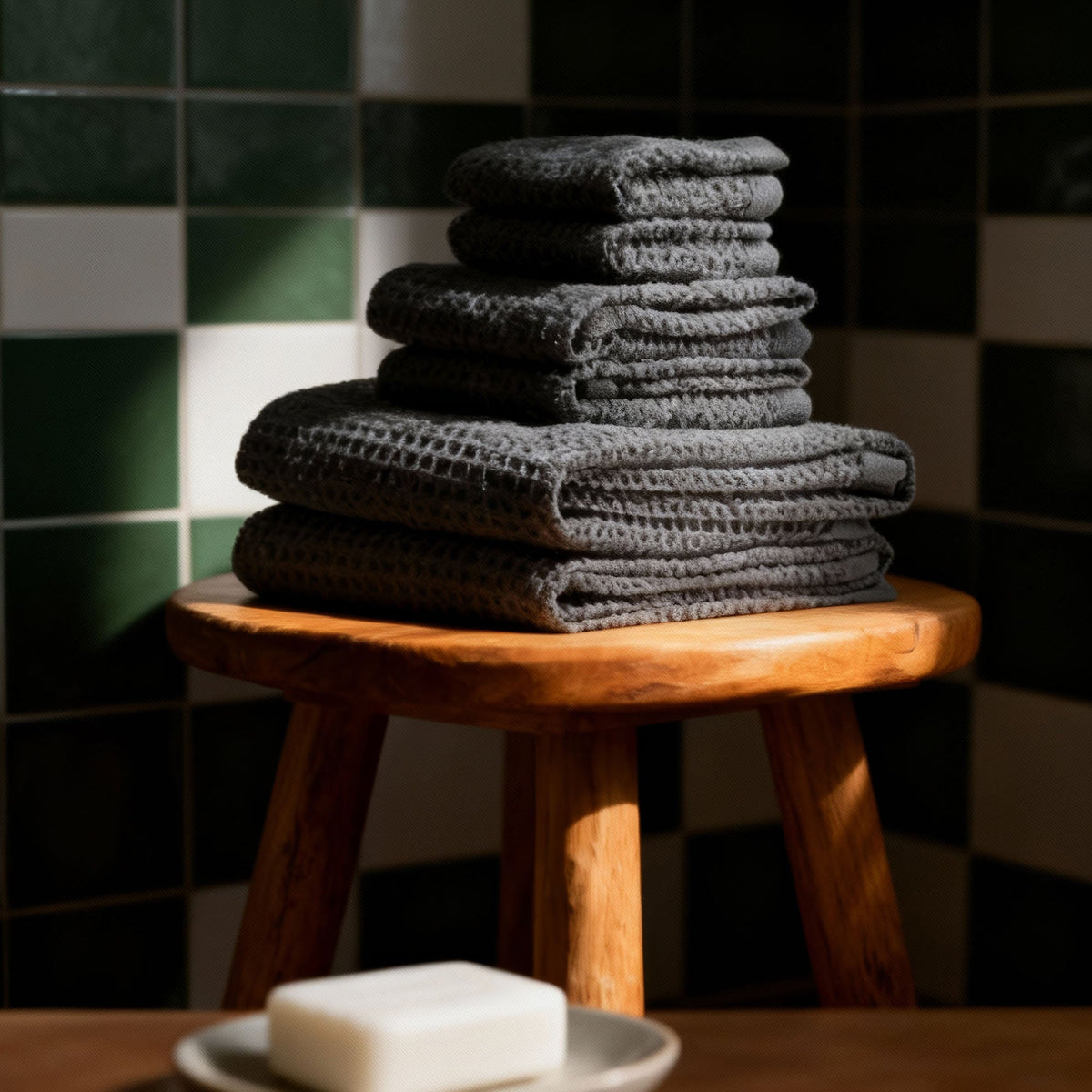 Set of two white Sedona Waffle Towels for bath by Italic, showing soft textured waffle weave and plush surface for home use