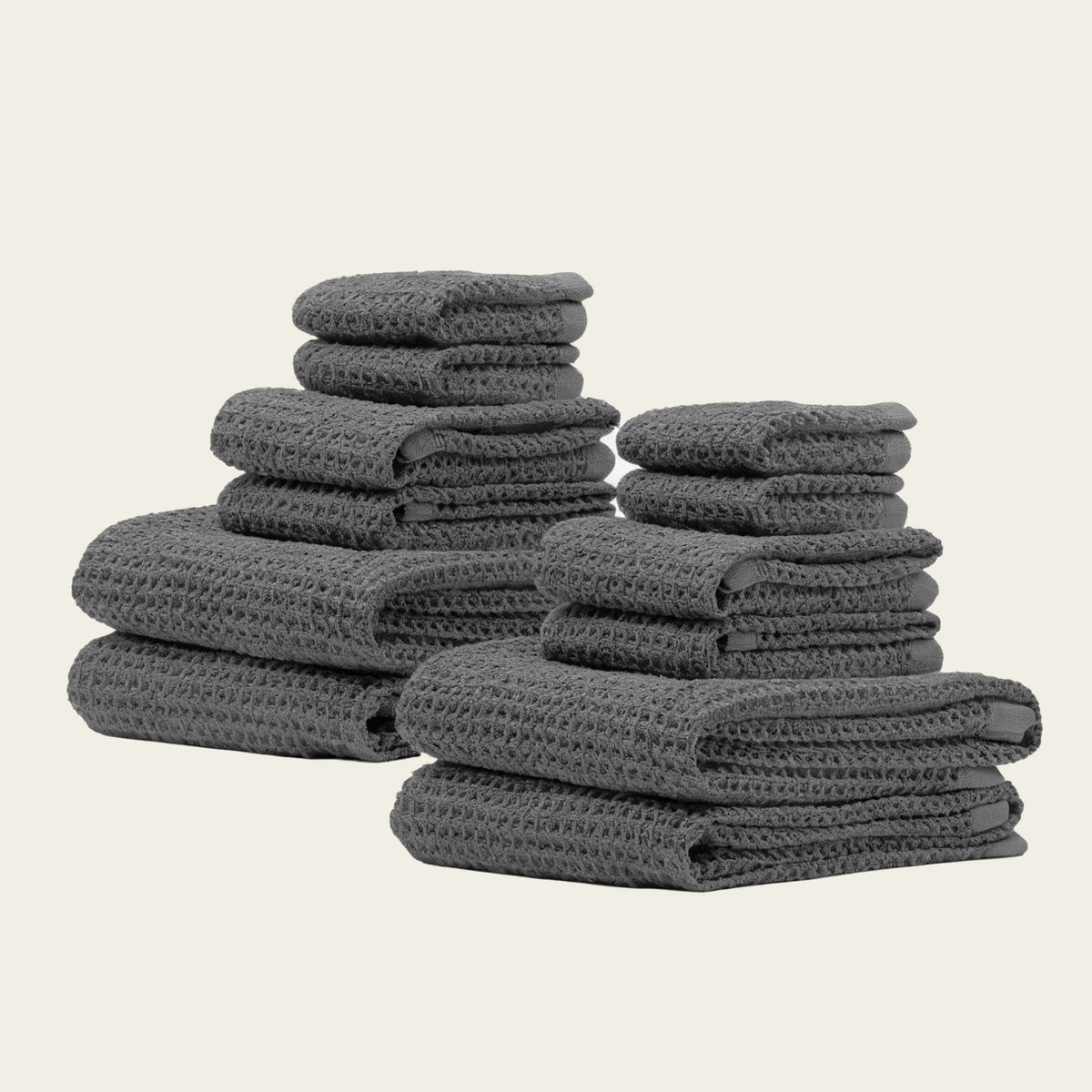 Set of two white Sedona waffle towels by Italic, soft home bath washcloths with textured waffle weave fabric.