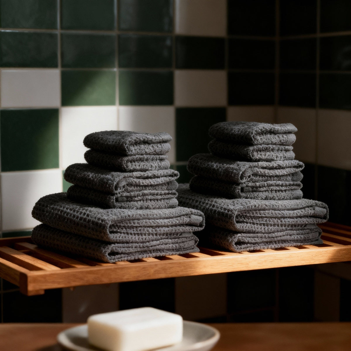 Set of two white Sedona waffle bath towels by Italic, showing soft, textured fabric perfect for home bath use.