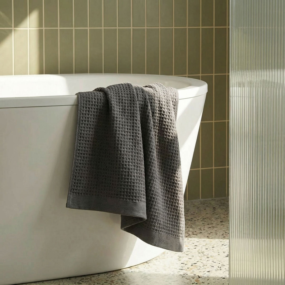 Set of two white Sedona waffle bath towels from Italic, soft and plush for home use.