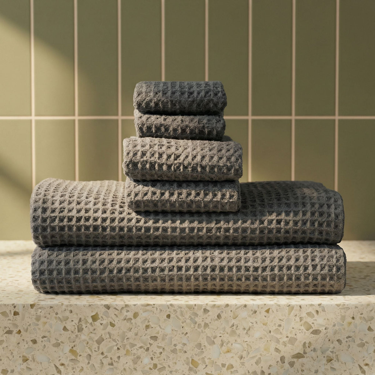 Set of two white Sedona Waffle Towels by Italic, soft bath towels with a textured waffle weave for home use.