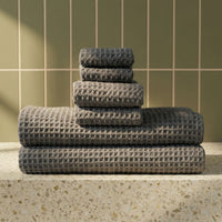 Set of two white Sedona Waffle Towels by Italic, soft bath towels with a textured waffle weave for home use.