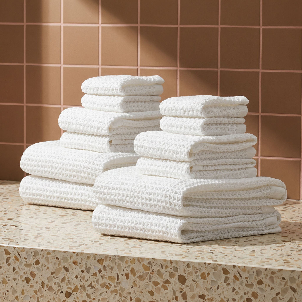 Set of two white Sedona waffle bath towels by Italic, soft and textured home bath linens for everyday use.