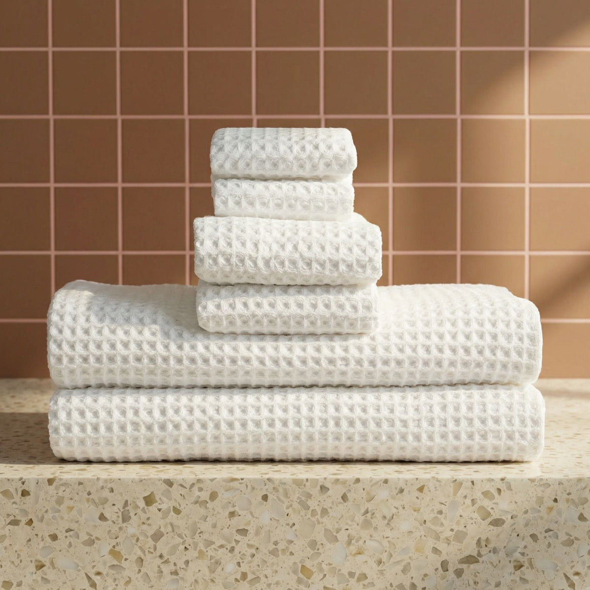 Set of two white Sedona Waffle Towels by Italic, plush bath washcloths with a textured waffle weave for soft, absorbent home bath use.
