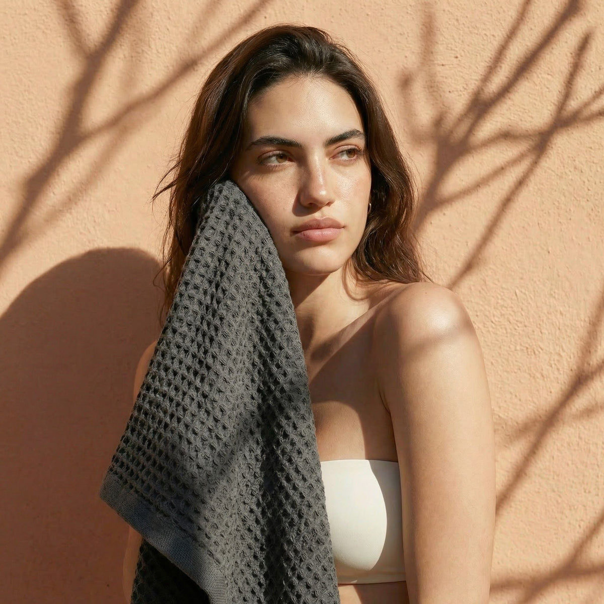 Set of two white Sedona waffle bath towels by Italic, soft and textured for a cozy home bath experience.