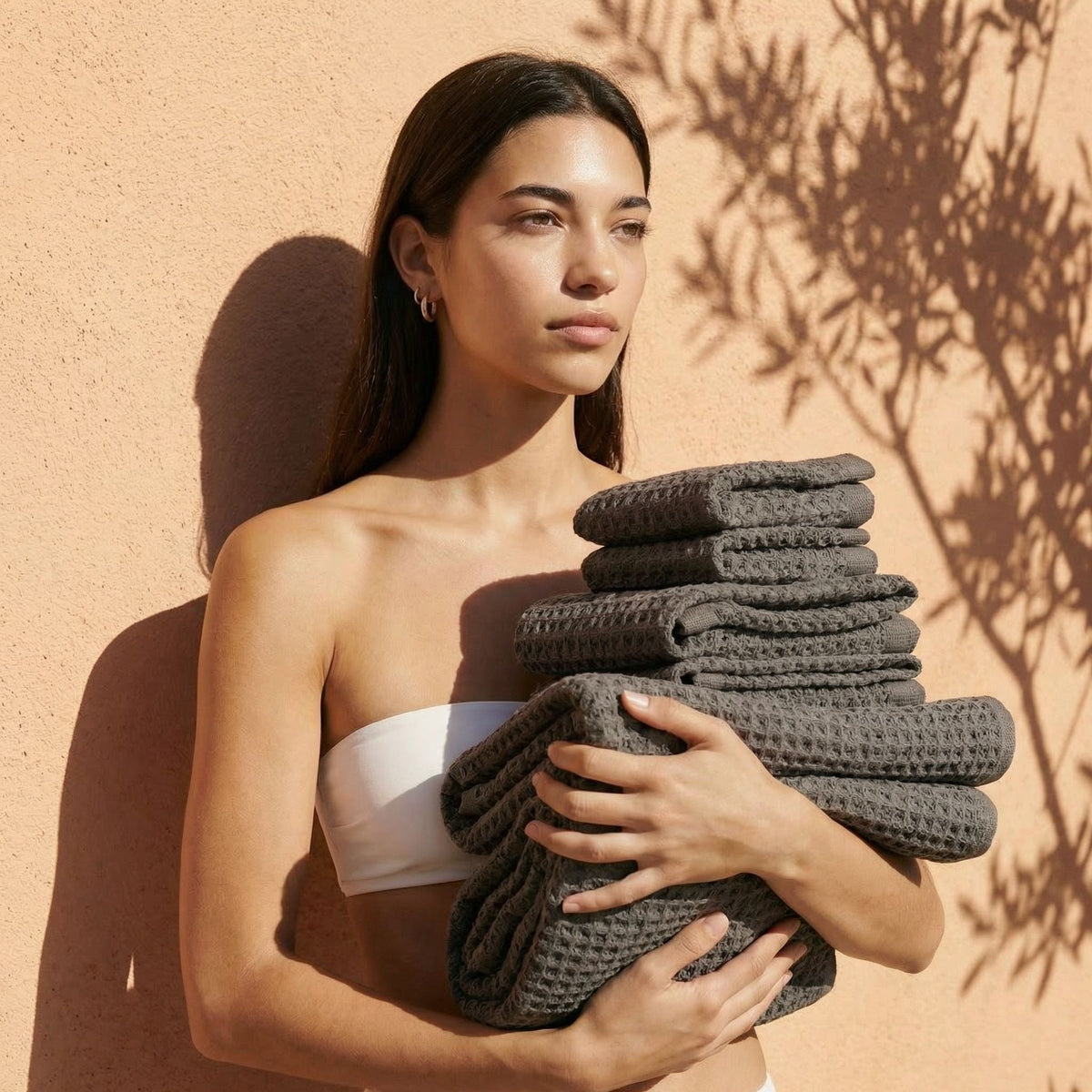 Set of two white Sedona waffle towels for home bath by Italic, showing soft, textured fabric perfect for drying.