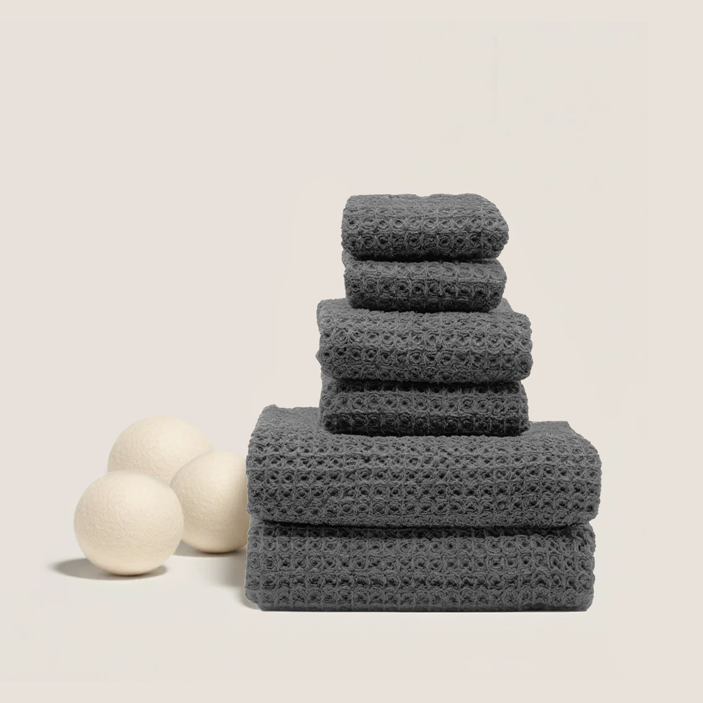 Set of two white Sedona waffle bath towels by Italic, soft and absorbent home bath linens.