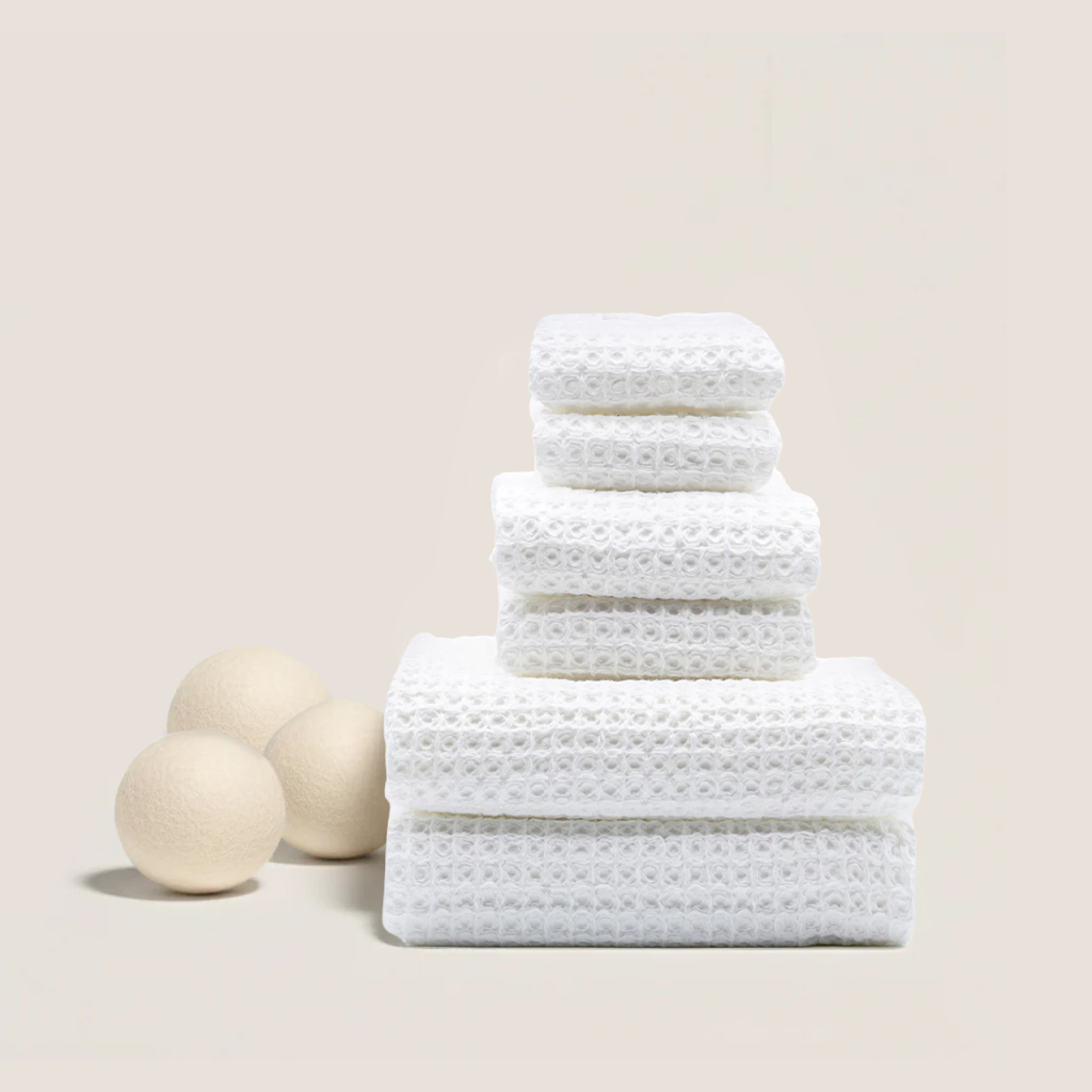 Set of two white Sedona waffle towels by Italic, soft and textured bath towels for home use.