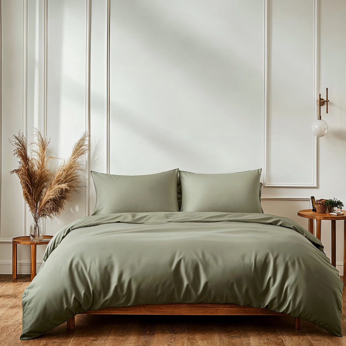 Blue and white Luxe Australian Sateen Bedding Bundle from Italic on a bed, featuring smooth, luxurious sateen fabric for a stylish bedroom look.