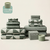 Set of two Italic Deia Towels in sage and ecru, soft home bed washcloths with a plush texture for comfort and style.