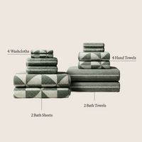 Set of two Italic Deia sage and ecru bed towels, soft and plush home towels for luxurious bathroom use.