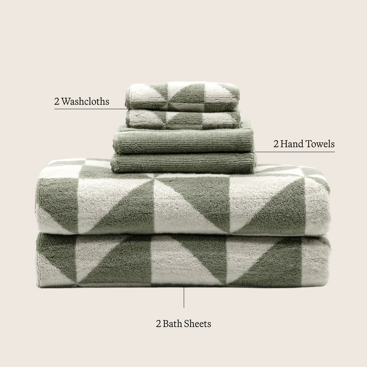 Set of two Italic Deia Sage and Ecru home bed towels, soft washcloths with a plush, luxurious texture.
