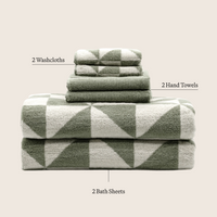 Set of two Italic Deia Sage and Ecru home bed towels, soft washcloths with a plush, luxurious texture.