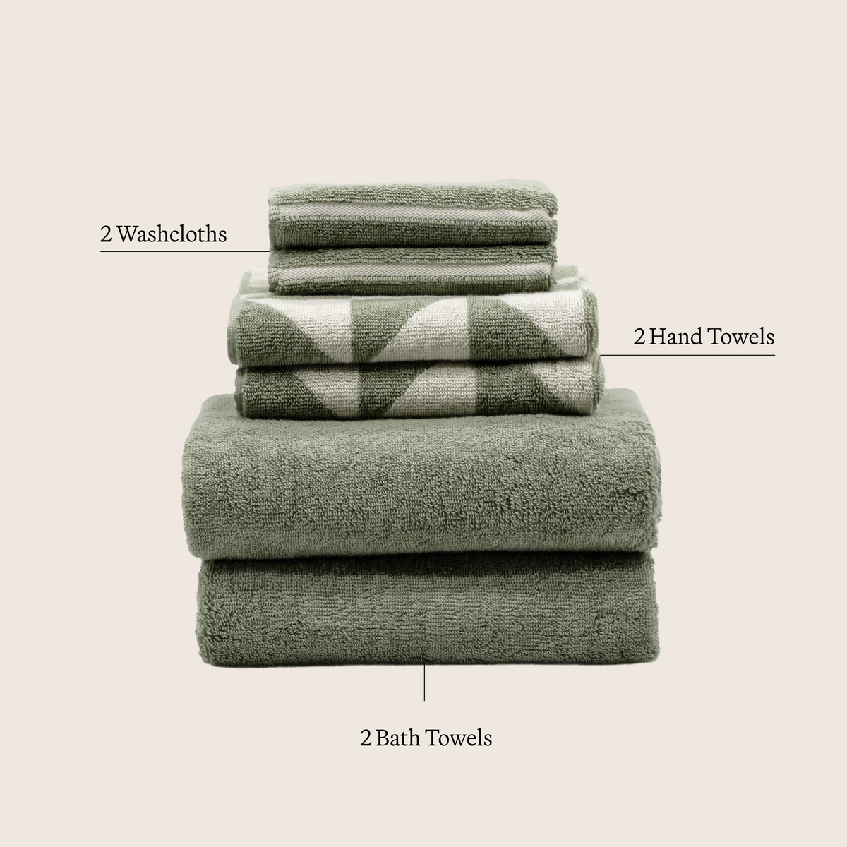Set of two Italic Deia sage and ecru washcloths, soft home bed towels with a plush texture, ideal for bathroom or bedroom use.
