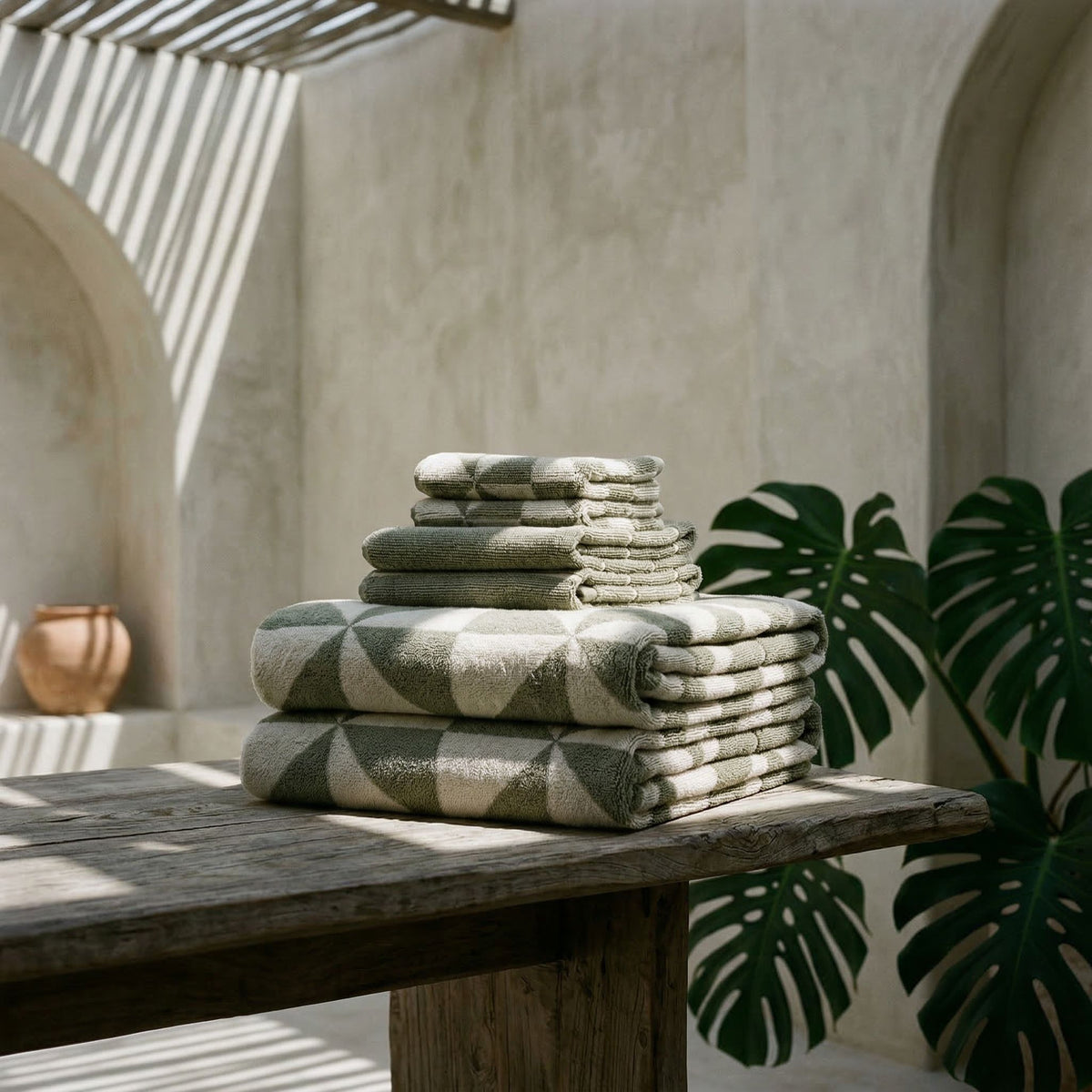 Set of two Italic Deia sage and ecru bed towels with soft, plush fabric for home use.