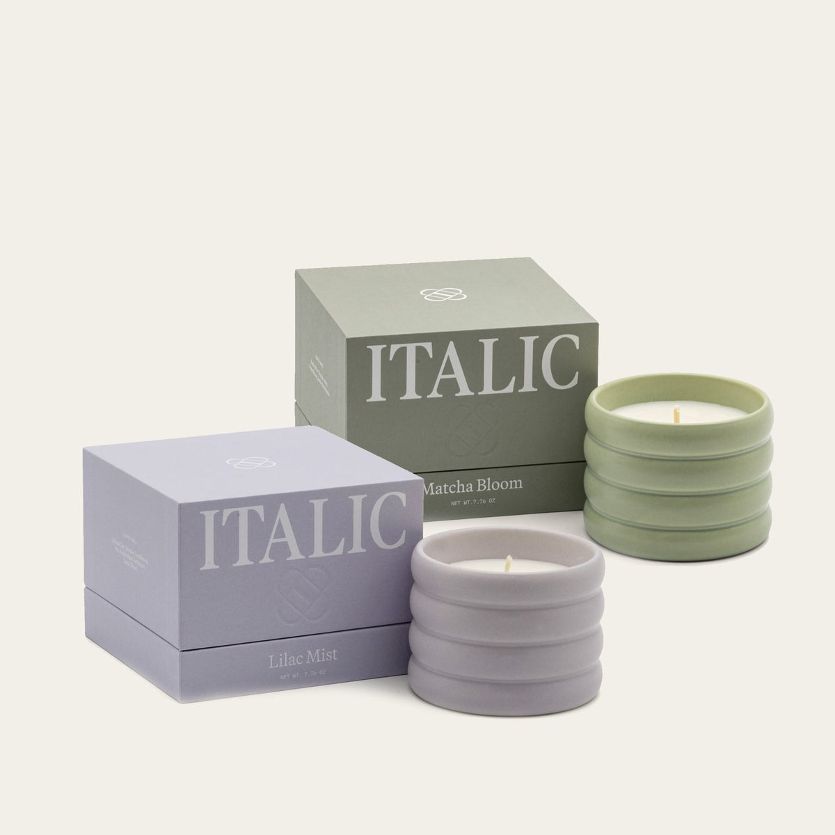 Italic Matcha Bloom ceramic candle in a white ceramic holder with a textured floral design, ready to create a cozy ambiance.