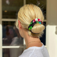 Pink flamingo-themed scrunchie from Jamsworld Accessories with tropical beach design, perfect for casual hair styling.